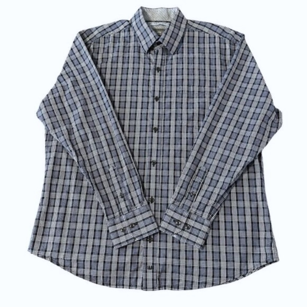 Johnston & Murphy‎ Shirt Mens L Black Blue Plaid Tailored Fit Cotton Button Down